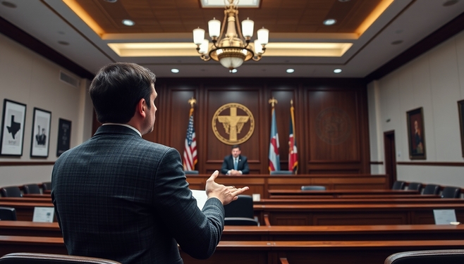 Plano Attorney Discussing Criminal Defense Strategies In A Texas Courtroom